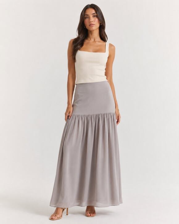 Astr Dresses & Skirts - ASTR The Label Drop Waist Midi Maxi Skirt Medium Gray Taupe Gathered Flowy